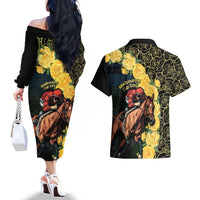 Melbourne Horse Racing Couples Matching Off The Shoulder Long Sleeve Dress and Hawaiian Shirt Yellow Roses - Ready Set Gallop! - Wonder Print Shop