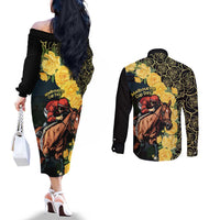 Melbourne Horse Racing Couples Matching Off The Shoulder Long Sleeve Dress and Long Sleeve Button Shirt Yellow Roses - Ready Set Gallop! - Wonder Print Shop