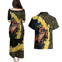 Melbourne Horse Racing Couples Matching Puletasi and Hawaiian Shirt Yellow Roses - Ready Set Gallop! - Wonder Print Shop