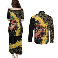 Melbourne Horse Racing Couples Matching Puletasi and Long Sleeve Button Shirt Yellow Roses - Ready Set Gallop! - Wonder Print Shop