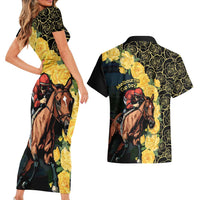 Melbourne Horse Racing Couples Matching Short Sleeve Bodycon Dress and Hawaiian Shirt Yellow Roses - Ready Set Gallop! - Wonder Print Shop