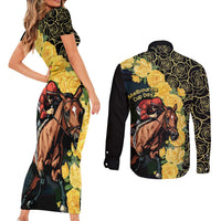 Melbourne Horse Racing Couples Matching Short Sleeve Bodycon Dress and Long Sleeve Button Shirt Yellow Roses - Ready Set Gallop! - Wonder Print Shop