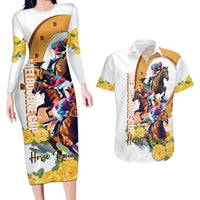 Melbourne Cup Australia Couples Matching Long Sleeve Bodycon Dress and Hawaiian Shirt Horse Racing Horseshoe Mix Yellow Roses - Wonder Print Shop