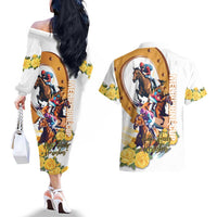 Melbourne Cup Australia Couples Matching Off The Shoulder Long Sleeve Dress and Hawaiian Shirt Horse Racing Horseshoe Mix Yellow Roses - Wonder Print Shop