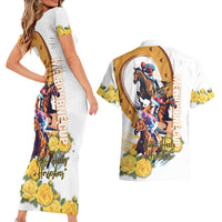 Melbourne Cup Australia Couples Matching Short Sleeve Bodycon Dress and Hawaiian Shirt Horse Racing Horseshoe Mix Yellow Roses - Wonder Print Shop
