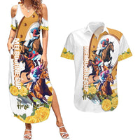 Melbourne Cup Australia Couples Matching Summer Maxi Dress and Hawaiian Shirt Horse Racing Horseshoe Mix Yellow Roses - Wonder Print Shop