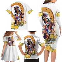 Melbourne Cup Australia Family Matching Long Sleeve Bodycon Dress and Hawaiian Shirt Horse Racing Horseshoe Mix Yellow Roses - Wonder Print Shop