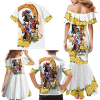 Melbourne Cup Australia Family Matching Mermaid Dress and Hawaiian Shirt Horse Racing Horseshoe Mix Yellow Roses - Wonder Print Shop
