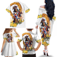Melbourne Cup Australia Family Matching Off The Shoulder Long Sleeve Dress and Hawaiian Shirt Horse Racing Horseshoe Mix Yellow Roses - Wonder Print Shop