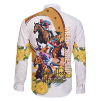 Melbourne Cup Australia Family Matching Off The Shoulder Long Sleeve Dress and Hawaiian Shirt Horse Racing Horseshoe Mix Yellow Roses - Wonder Print Shop