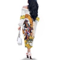 Melbourne Cup Australia Family Matching Off The Shoulder Long Sleeve Dress and Hawaiian Shirt Horse Racing Horseshoe Mix Yellow Roses - Wonder Print Shop