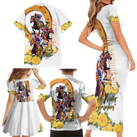 Melbourne Cup Australia Family Matching Short Sleeve Bodycon Dress and Hawaiian Shirt Horse Racing Horseshoe Mix Yellow Roses - Wonder Print Shop