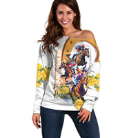 Melbourne Cup Australia Off Shoulder Sweater Horse Racing Horseshoe Mix Yellow Roses - Wonder Print Shop