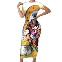 Melbourne Cup Australia Short Sleeve Bodycon Dress Horse Racing Horseshoe Mix Yellow Roses - Wonder Print Shop