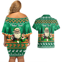 Personalised Ireland Christmas Couples Matching Off Shoulder Short Dress and Hawaiian Shirt Irish Santa Claus Nollaig Shona Duit - Wonder Print Shop