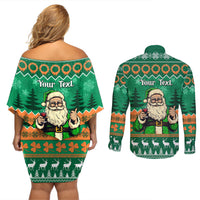 Personalised Ireland Christmas Couples Matching Off Shoulder Short Dress and Long Sleeve Button Shirt Irish Santa Claus Nollaig Shona Duit - Wonder Print Shop