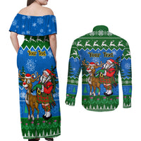 Personalised Scotland Christmas Couples Matching Off Shoulder Maxi Dress and Long Sleeve Button Shirt Scottish Santa With Reindeer Nollaig Chridheil - Wonder Print Shop