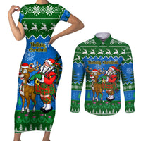 Personalised Scotland Christmas Couples Matching Short Sleeve Bodycon Dress and Long Sleeve Button Shirt Scottish Santa With Reindeer Nollaig Chridheil - Wonder Print Shop