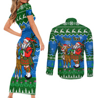 Personalised Scotland Christmas Couples Matching Short Sleeve Bodycon Dress and Long Sleeve Button Shirt Scottish Santa With Reindeer Nollaig Chridheil - Wonder Print Shop
