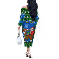 Personalised Scotland Christmas Off The Shoulder Long Sleeve Dress Scottish Santa With Reindeer Nollaig Chridheil - Wonder Print Shop