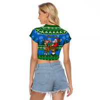 Personalised Scotland Christmas Raglan Cropped T Shirt Scottish Santa With Reindeer Nollaig Chridheil - Wonder Print Shop