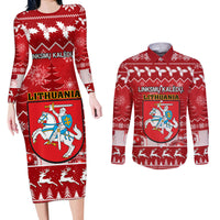 Personalised Lithuania Christmas Couples Matching Long Sleeve Bodycon Dress and Long Sleeve Button Shirt Linksmu Kaledu - Wonder Print Shop