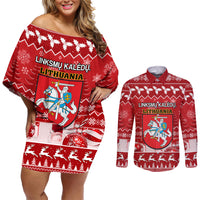 Personalised Lithuania Christmas Couples Matching Off Shoulder Short Dress and Long Sleeve Button Shirt Linksmu Kaledu - Wonder Print Shop