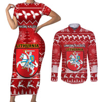 Personalised Lithuania Christmas Couples Matching Short Sleeve Bodycon Dress and Long Sleeve Button Shirt Linksmu Kaledu - Wonder Print Shop