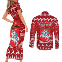 Personalised Lithuania Christmas Couples Matching Short Sleeve Bodycon Dress and Long Sleeve Button Shirt Linksmu Kaledu - Wonder Print Shop