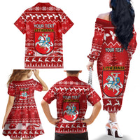 Personalised Lithuania Christmas Family Matching Off Shoulder Long Sleeve Dress and Hawaiian Shirt Linksmu Kaledu - Wonder Print Shop