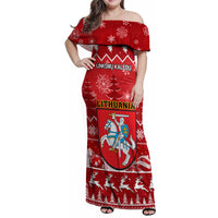 Personalised Lithuania Christmas Family Matching Off Shoulder Maxi Dress and Hawaiian Shirt Linksmu Kaledu - Wonder Print Shop
