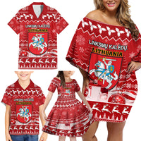 Personalised Lithuania Christmas Family Matching Off Shoulder Short Dress and Hawaiian Shirt Linksmu Kaledu - Wonder Print Shop