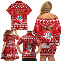 Personalised Lithuania Christmas Family Matching Off Shoulder Short Dress and Hawaiian Shirt Linksmu Kaledu - Wonder Print Shop