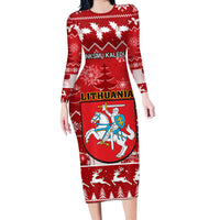 Personalised Lithuania Christmas Long Sleeve Bodycon Dress Linksmu Kaledu - Wonder Print Shop