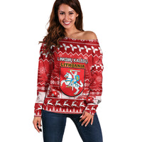 Personalised Lithuania Christmas Off Shoulder Sweater Linksmu Kaledu - Wonder Print Shop