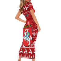 Personalised Lithuania Christmas Short Sleeve Bodycon Dress Linksmu Kaledu - Wonder Print Shop