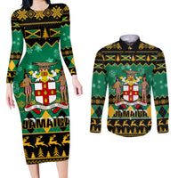 Personalised Jamaica Christmas Couples Matching Long Sleeve Bodycon Dress and Long Sleeve Button Shirt Jamaican Coat Of Arms Xmas Vibes - Wonder Print Shop