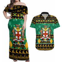 Personalised Jamaica Christmas Couples Matching Off Shoulder Maxi Dress and Hawaiian Shirt Jamaican Coat Of Arms Xmas Vibes - Wonder Print Shop