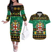 Personalised Jamaica Christmas Couples Matching Off The Shoulder Long Sleeve Dress and Hawaiian Shirt Jamaican Coat Of Arms Xmas Vibes - Wonder Print Shop