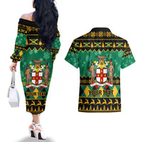 Personalised Jamaica Christmas Couples Matching Off The Shoulder Long Sleeve Dress and Hawaiian Shirt Jamaican Coat Of Arms Xmas Vibes - Wonder Print Shop