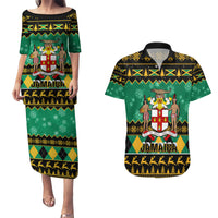 Personalised Jamaica Christmas Couples Matching Puletasi Dress and Hawaiian Shirt Jamaican Coat Of Arms Xmas Vibes - Wonder Print Shop