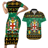 Personalised Jamaica Christmas Couples Matching Short Sleeve Bodycon Dress and Hawaiian Shirt Jamaican Coat Of Arms Xmas Vibes - Wonder Print Shop