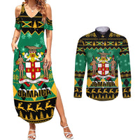 Personalised Jamaica Christmas Couples Matching Summer Maxi Dress and Long Sleeve Button Shirt Jamaican Coat Of Arms Xmas Vibes - Wonder Print Shop