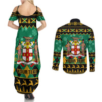 Personalised Jamaica Christmas Couples Matching Summer Maxi Dress and Long Sleeve Button Shirt Jamaican Coat Of Arms Xmas Vibes - Wonder Print Shop