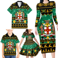 Personalised Jamaica Christmas Family Matching Long Sleeve Bodycon Dress and Hawaiian Shirt Jamaican Coat Of Arms Xmas Vibes - Wonder Print Shop