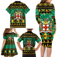 Personalised Jamaica Christmas Family Matching Long Sleeve Bodycon Dress and Hawaiian Shirt Jamaican Coat Of Arms Xmas Vibes - Wonder Print Shop