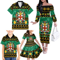 Personalised Jamaica Christmas Family Matching Off Shoulder Long Sleeve Dress and Hawaiian Shirt Jamaican Coat Of Arms Xmas Vibes - Wonder Print Shop