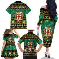 Personalised Jamaica Christmas Family Matching Off Shoulder Long Sleeve Dress and Hawaiian Shirt Jamaican Coat Of Arms Xmas Vibes - Wonder Print Shop