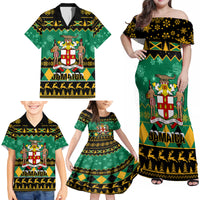 Personalised Jamaica Christmas Family Matching Off Shoulder Maxi Dress and Hawaiian Shirt Jamaican Coat Of Arms Xmas Vibes - Wonder Print Shop