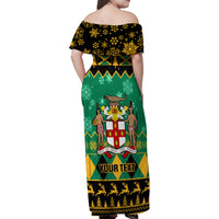 Personalised Jamaica Christmas Family Matching Off Shoulder Maxi Dress and Hawaiian Shirt Jamaican Coat Of Arms Xmas Vibes - Wonder Print Shop